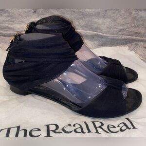 Fendi Mesh Suede Wrap Around Bow Accent Back Zip Open Peep Toe Flats 8.5 38.5 IT